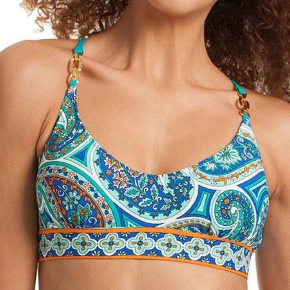 NWT Trina Turk Womens Size 8 Blu Provence Paisley Crisscross Bikini Top